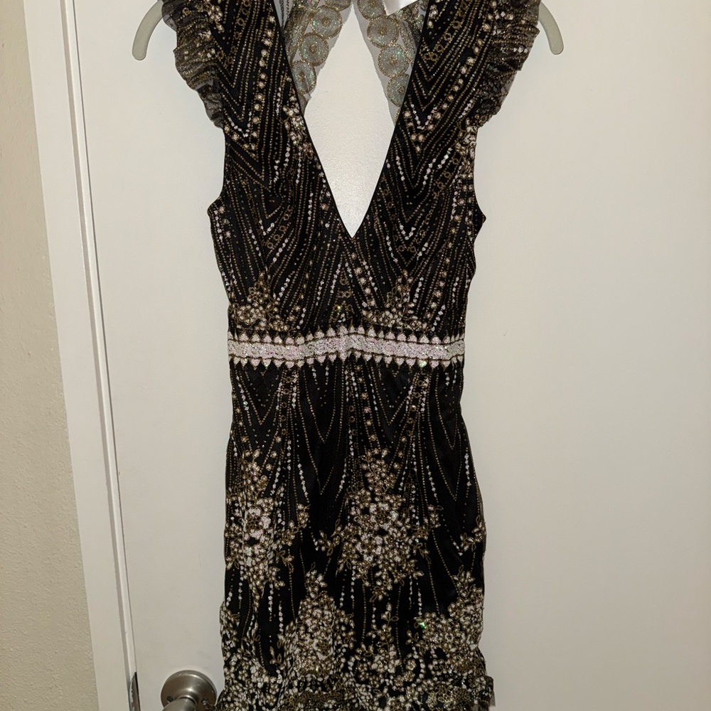 Hello Molly Black and Gold Embellished Backless Dress